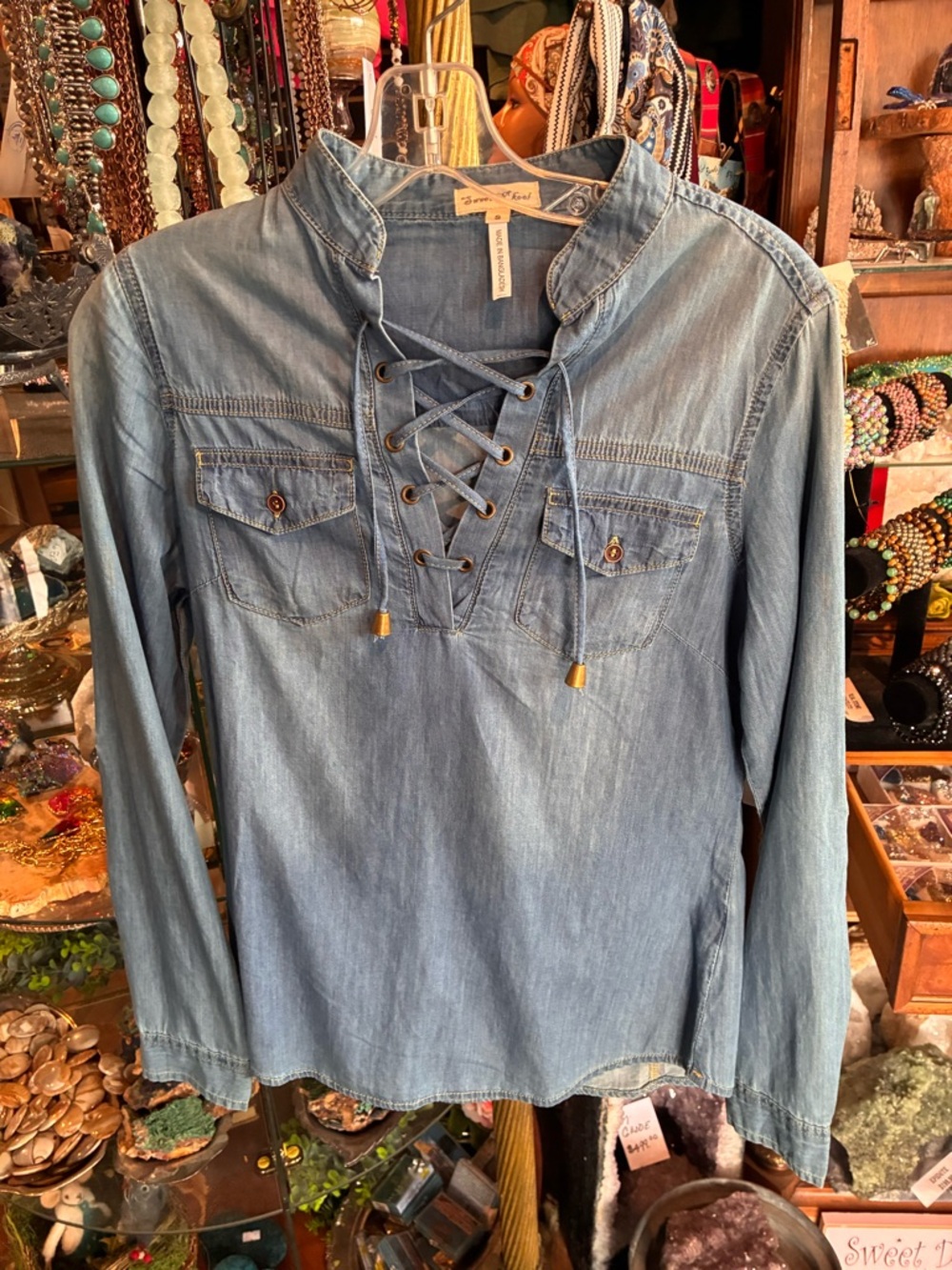 Lace-Up Light Denim Tunic Top - Picture 2 of 6